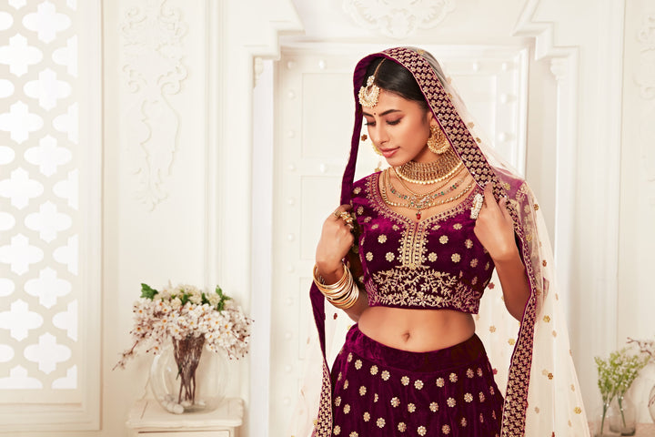 Purple color Velvet Thread and Sequins Embroidery Work Lehenga Choli