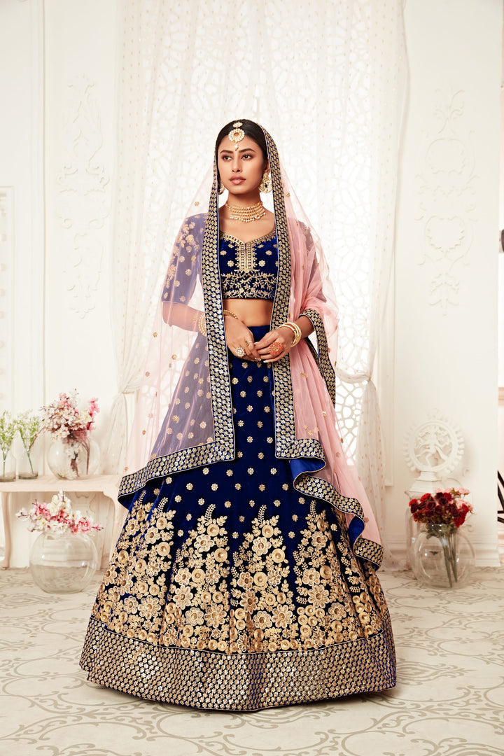 Navy Blue color Velvet Thread and Sequins Embroidery Work Lehenga Choli