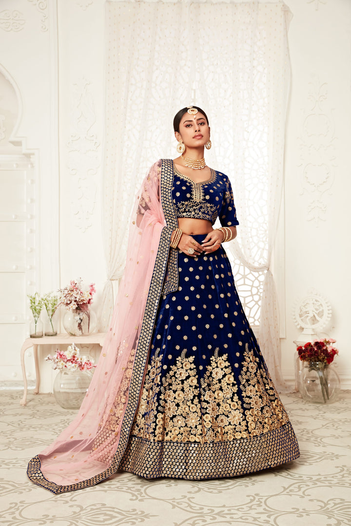 Navy Blue color Velvet Thread and Sequins Embroidery Work Lehenga Choli