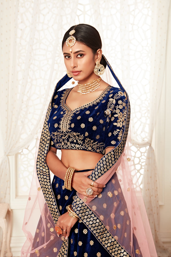Navy Blue color Velvet Thread and Sequins Embroidery Work Lehenga Choli