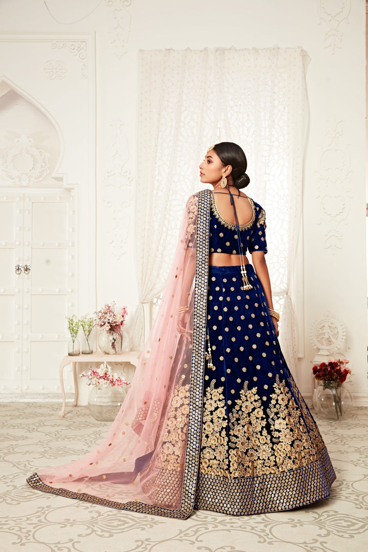 Navy Blue color Velvet Thread and Sequins Embroidery Work Lehenga Choli