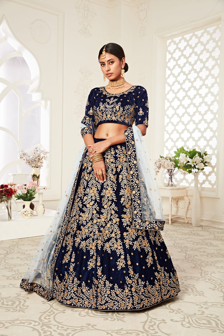 Navy Blue color Velvet Thread, Zari Embroidery with Diamond Work Lehenga Choli
