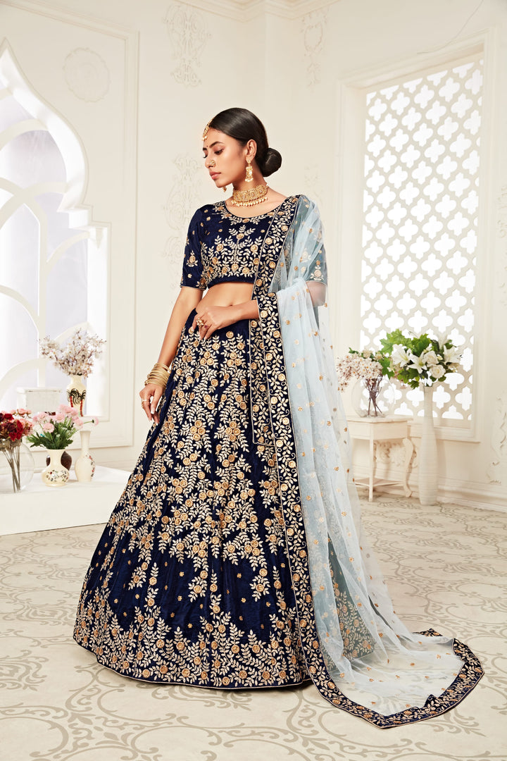 Navy Blue color Velvet Thread, Zari Embroidery with Diamond Work Lehenga Choli