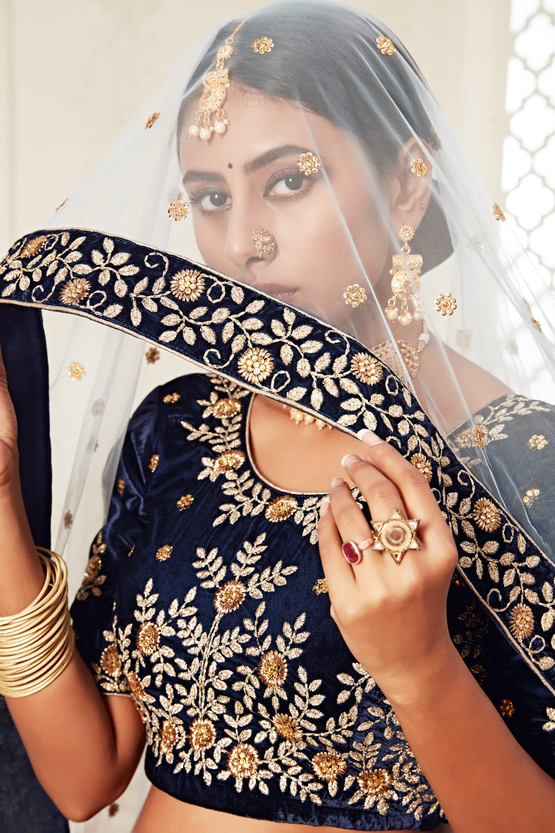 Navy Blue color Velvet Thread, Zari Embroidery with Diamond Work Lehenga Choli