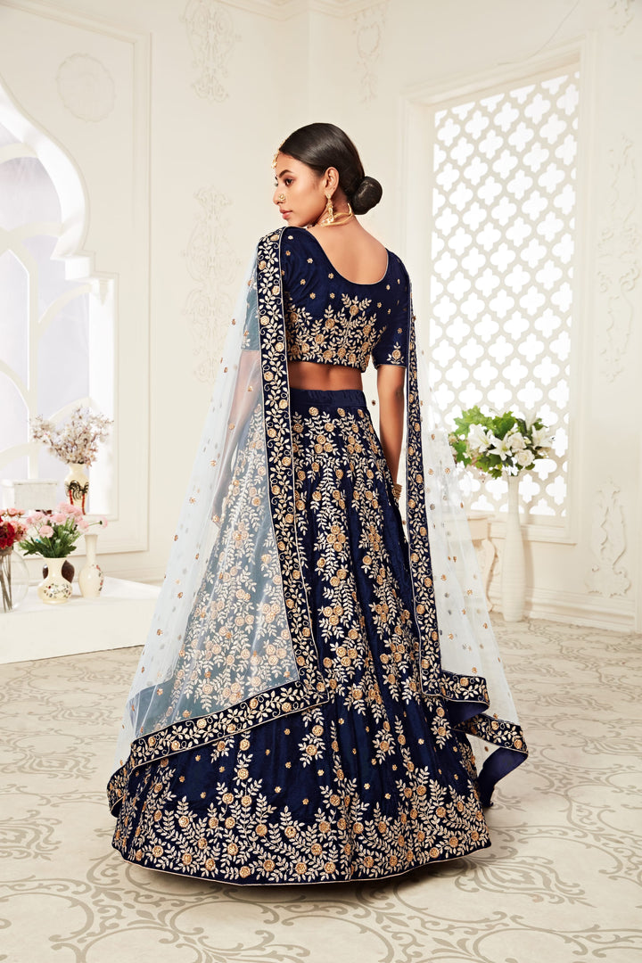 Navy Blue color Velvet Thread, Zari Embroidery with Diamond Work Lehenga Choli