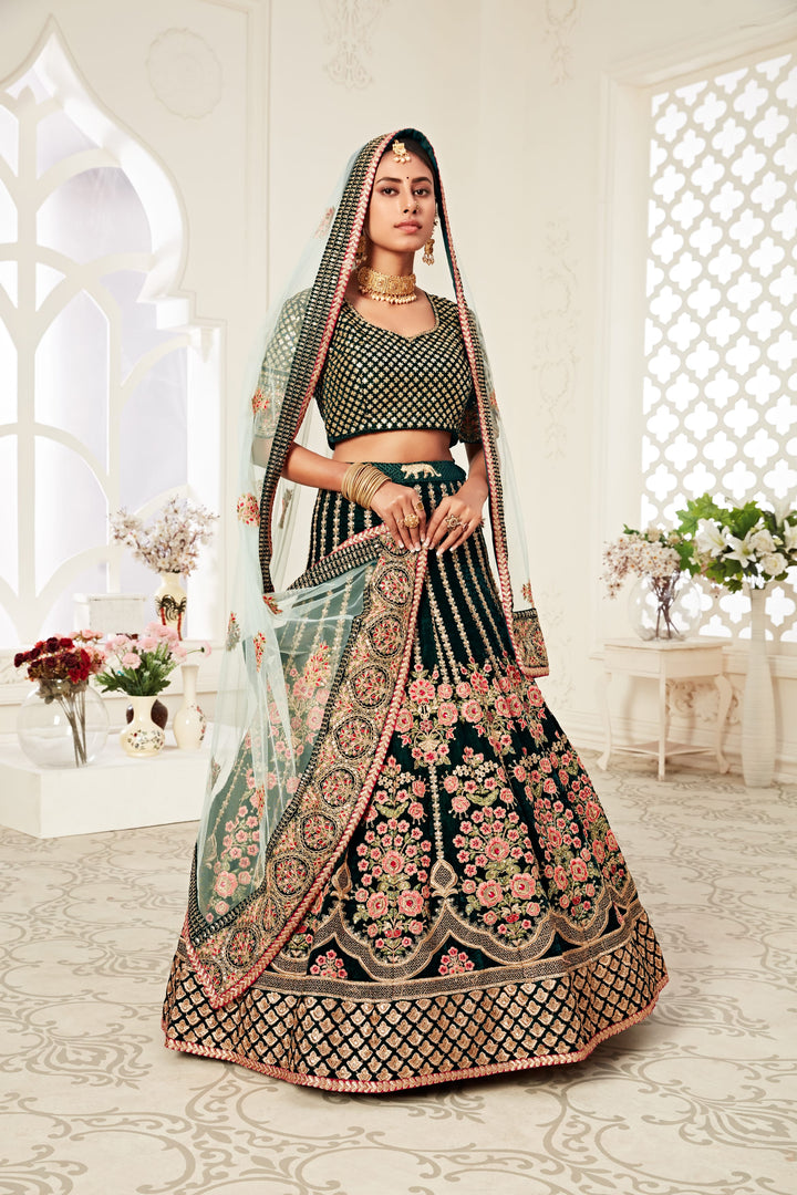 Green color Velvet Thread, and Sequins Embroidery with Diamond Work Lehenga Choli