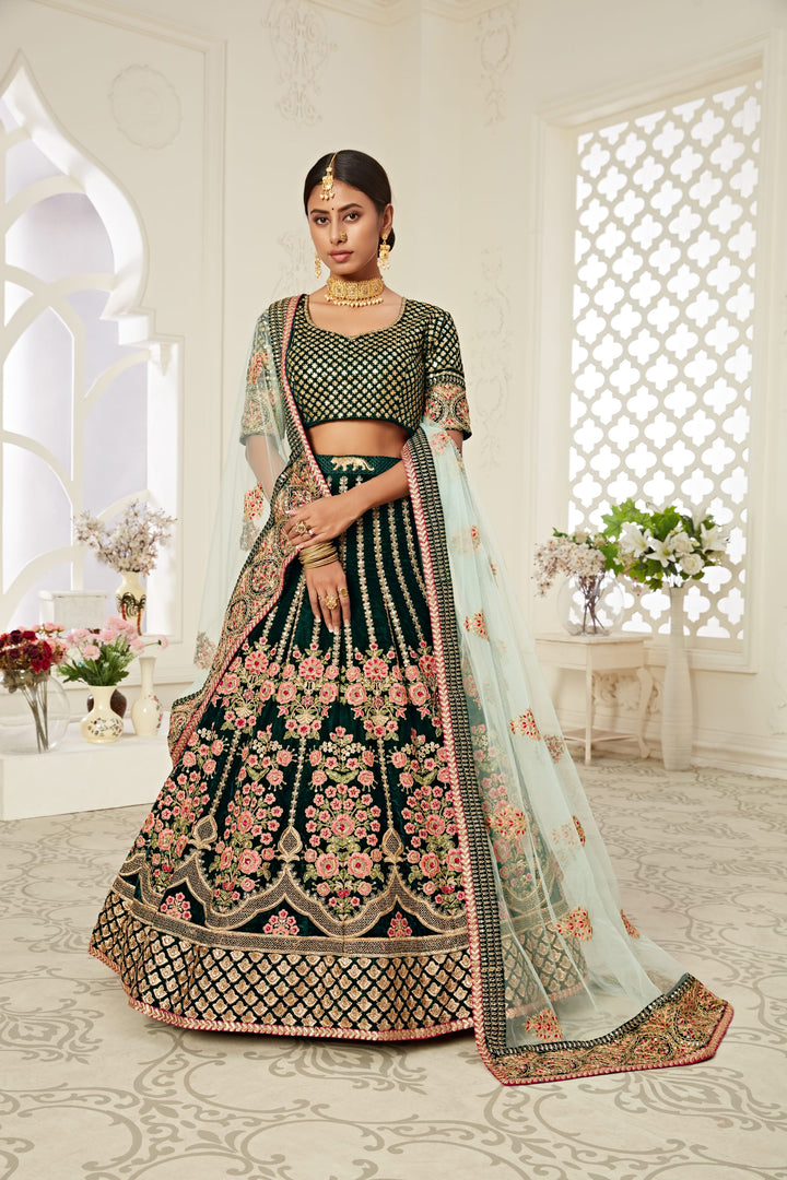 Green color Velvet Thread, and Sequins Embroidery with Diamond Work Lehenga Choli