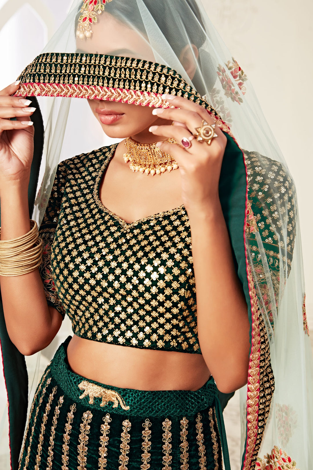 Green color Velvet Thread, and Sequins Embroidery with Diamond Work Lehenga Choli