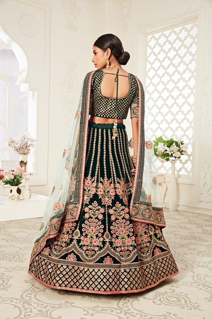 Green color Velvet Thread, and Sequins Embroidery with Diamond Work Lehenga Choli