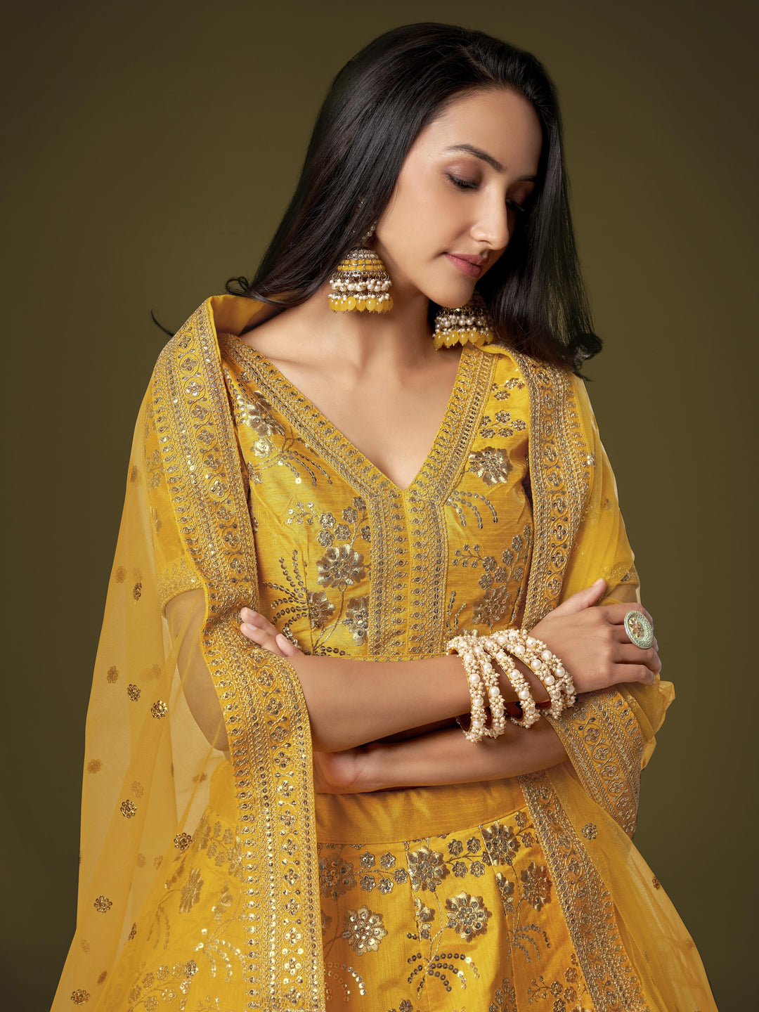 Yellow Color Slub Silk With Zari Sequins and Dori Embroidery Work Lehenga Choli