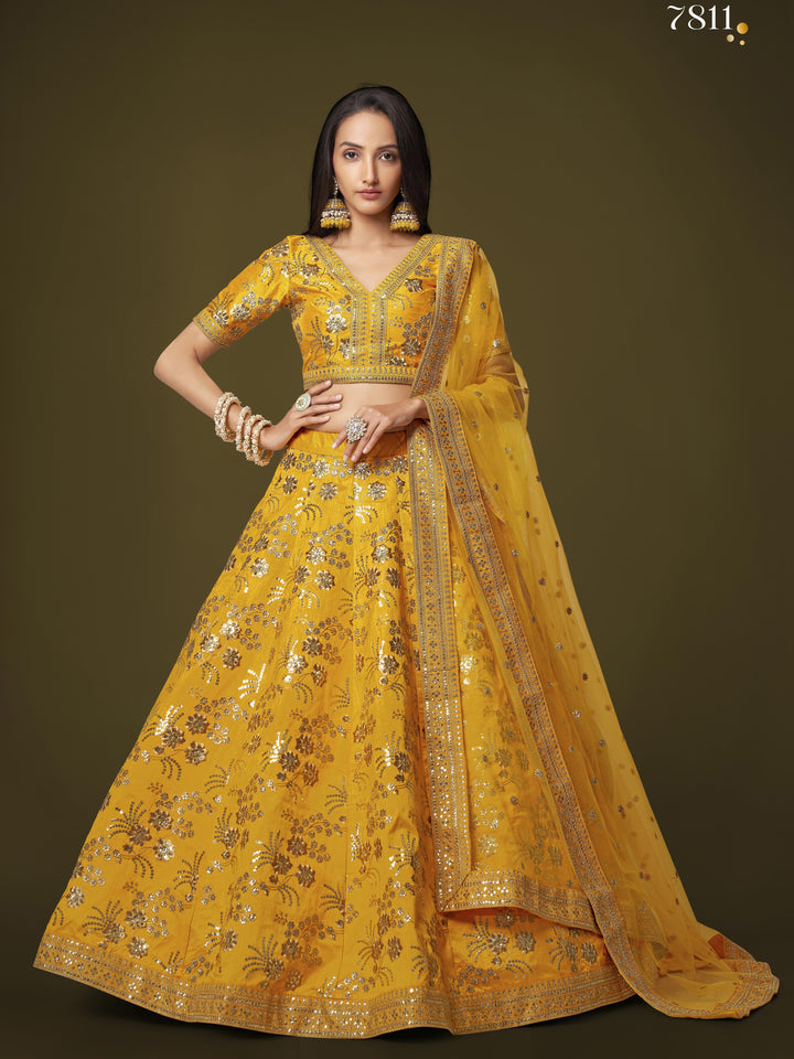 Yellow Color Slub Silk With Zari Sequins and Dori Embroidery Work Lehenga Choli
