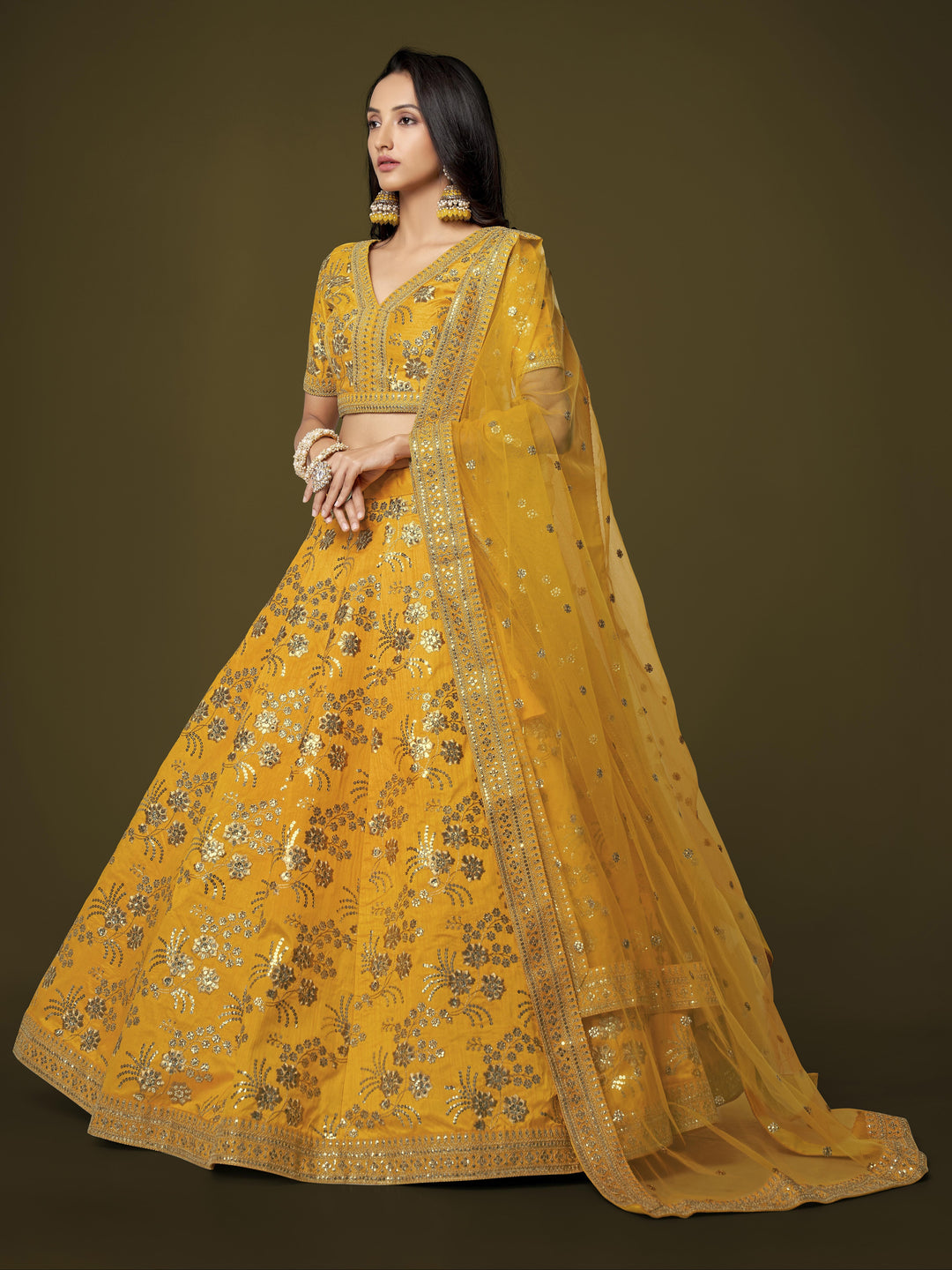 Yellow Color Slub Silk With Zari Sequins and Dori Embroidery Work Lehenga Choli