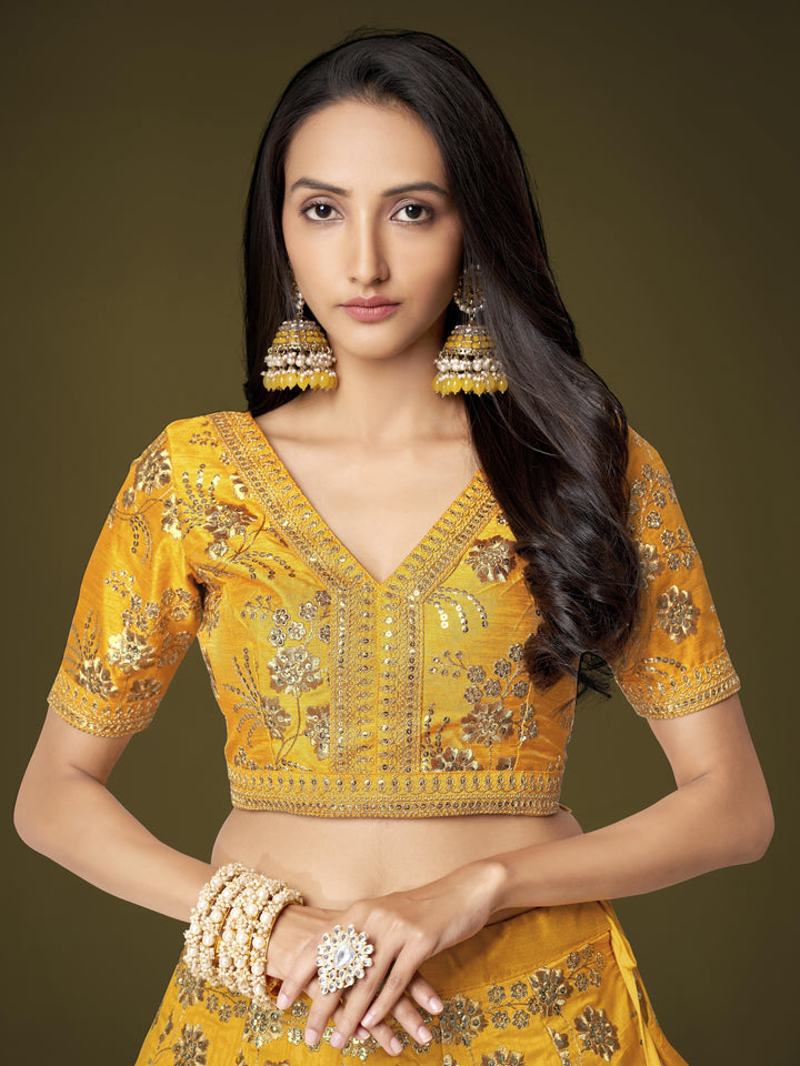 Yellow Color Slub Silk With Zari Sequins and Dori Embroidery Work Lehenga Choli