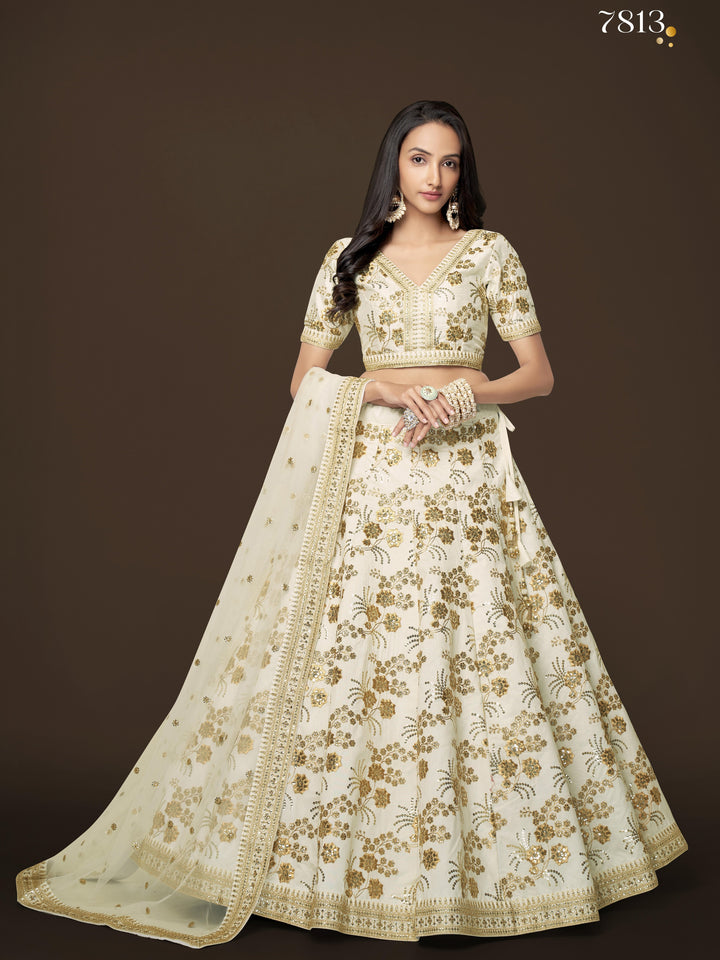 White Color Slub Silk With Zari Sequins and Dori Embroidery Work Lehenga Choli