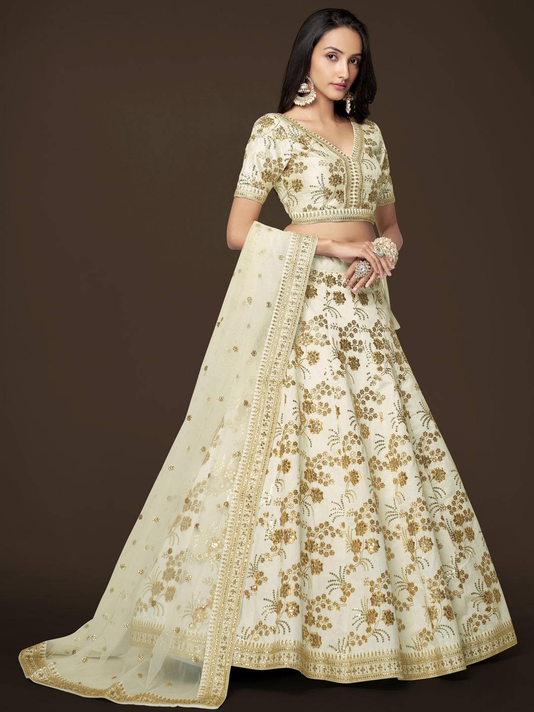 White Color Slub Silk With Zari Sequins and Dori Embroidery Work Lehenga Choli