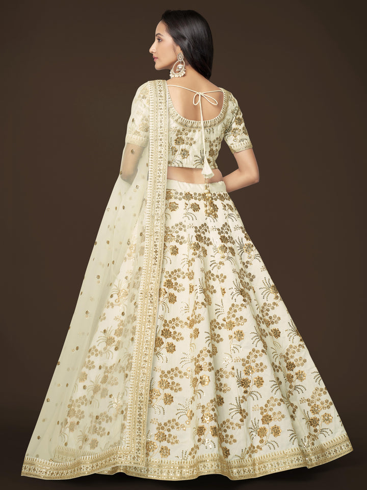 White Color Slub Silk With Zari Sequins and Dori Embroidery Work Lehenga Choli