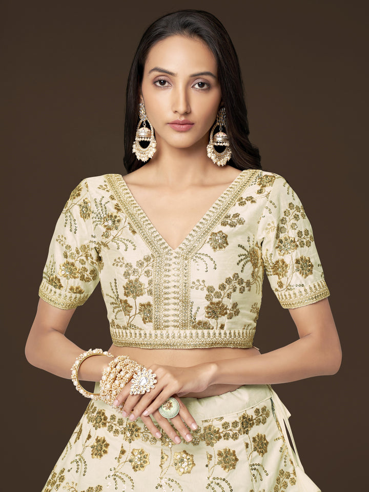 White Color Slub Silk With Zari Sequins and Dori Embroidery Work Lehenga Choli