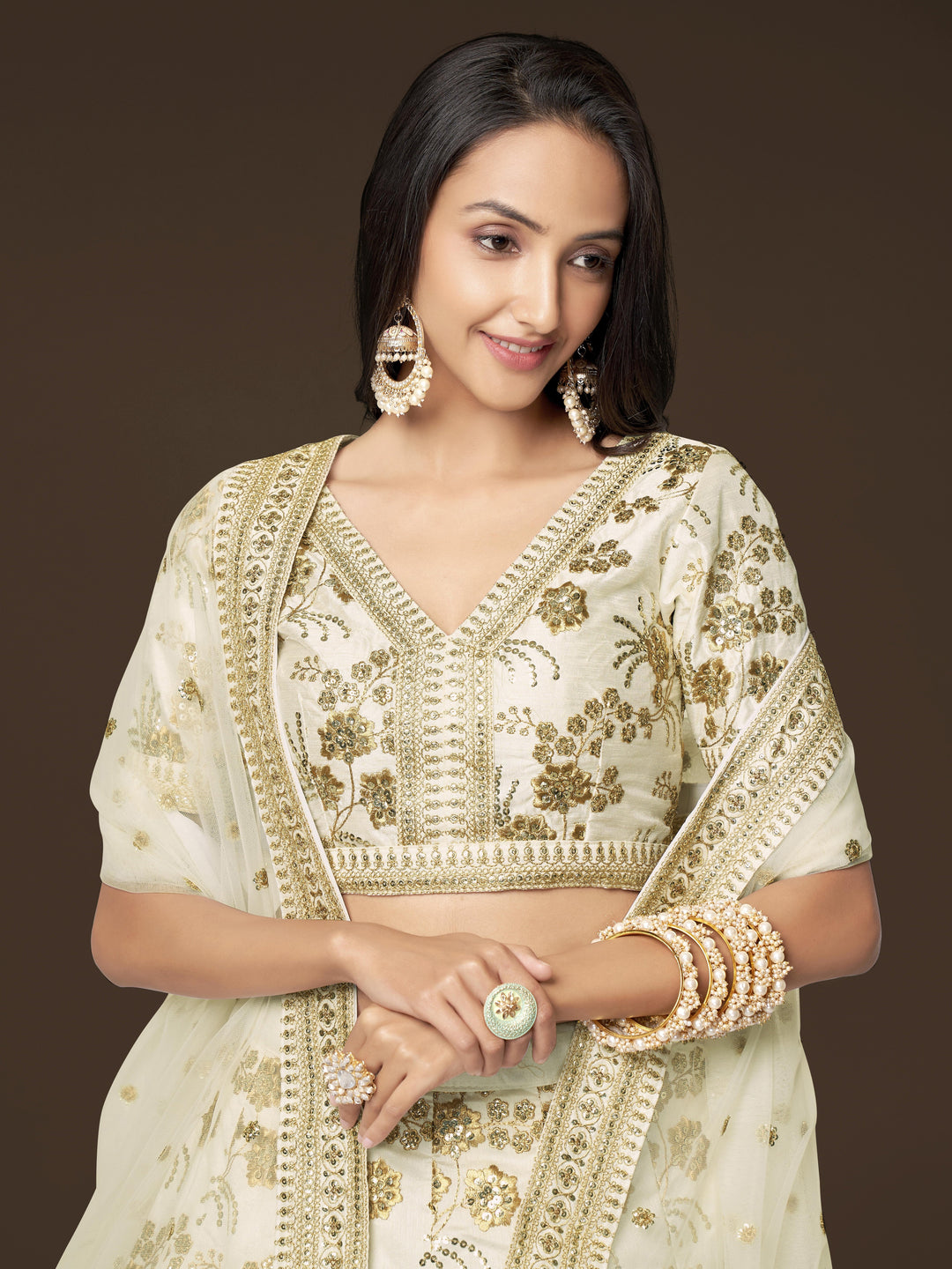 White Color Slub Silk With Zari Sequins and Dori Embroidery Work Lehenga Choli