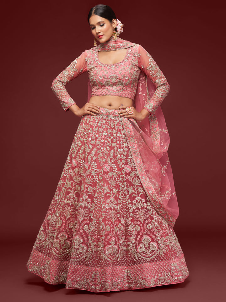 Fantasy Rose color Soft Net Thread and Glitter Dori Embroidery Work Lehenga Choli