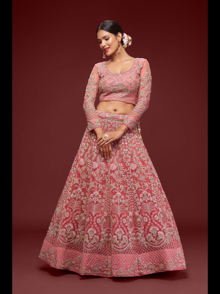 Fantasy Rose color Soft Net Thread and Glitter Dori Embroidery Work Lehenga Choli
