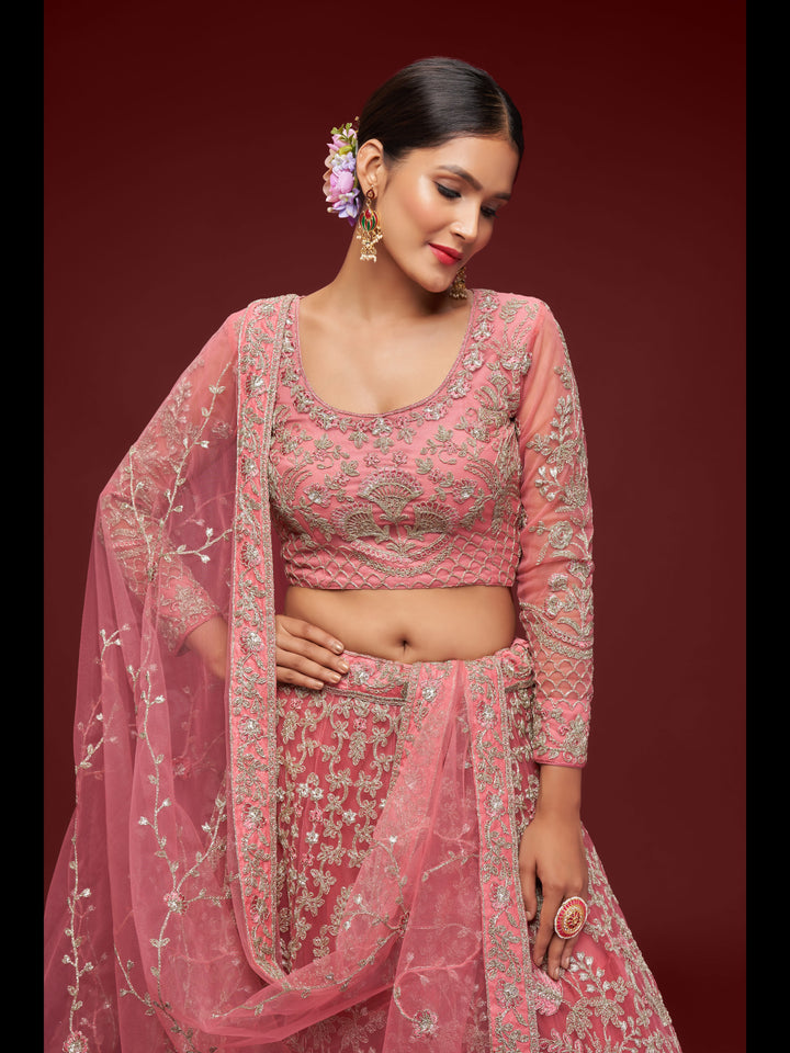 Fantasy Rose color Soft Net Thread and Glitter Dori Embroidery Work Lehenga Choli
