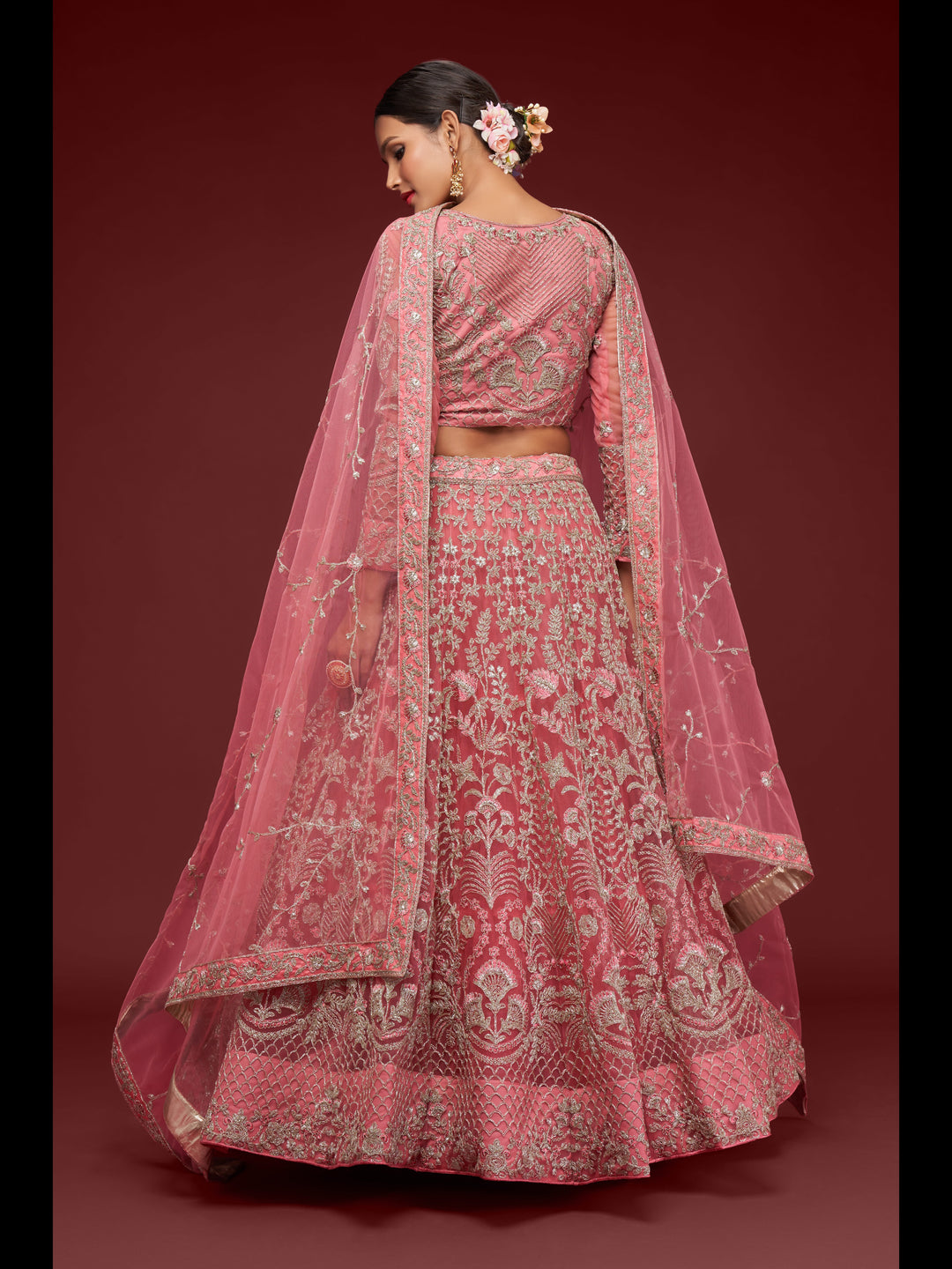 Fantasy Rose color Soft Net Thread and Glitter Dori Embroidery Work Lehenga Choli
