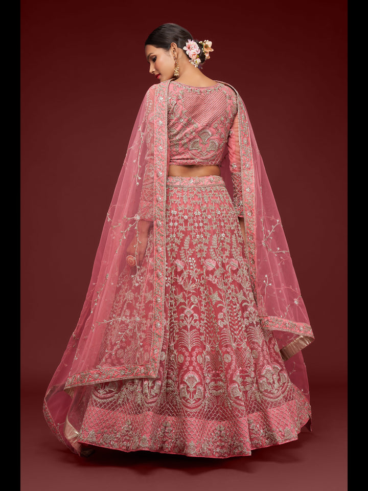 Fantasy Rose color Soft Net Thread and Glitter Dori Embroidery Work Lehenga Choli