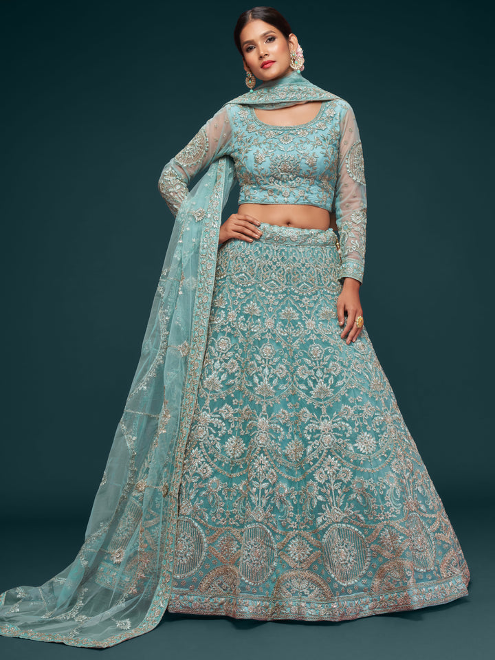 Ocean Aqua color Soft Net Thread and Glitter Dori Embroidery Work Lehenga Choli