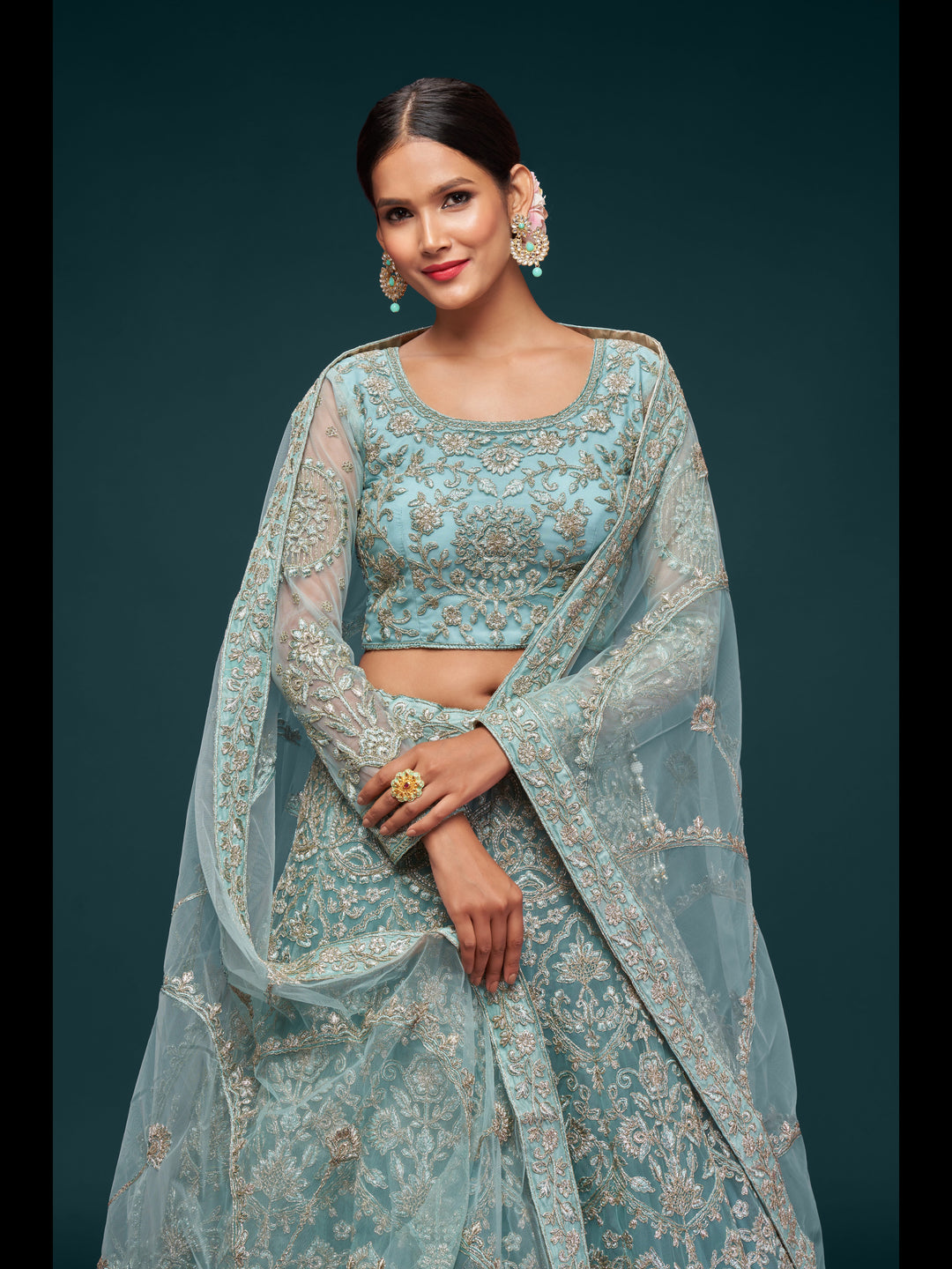 Ocean Aqua color Soft Net Thread and Glitter Dori Embroidery Work Lehenga Choli