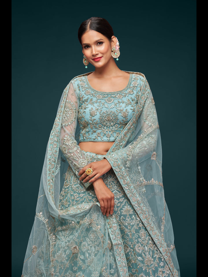 Ocean Aqua color Soft Net Thread and Glitter Dori Embroidery Work Lehenga Choli