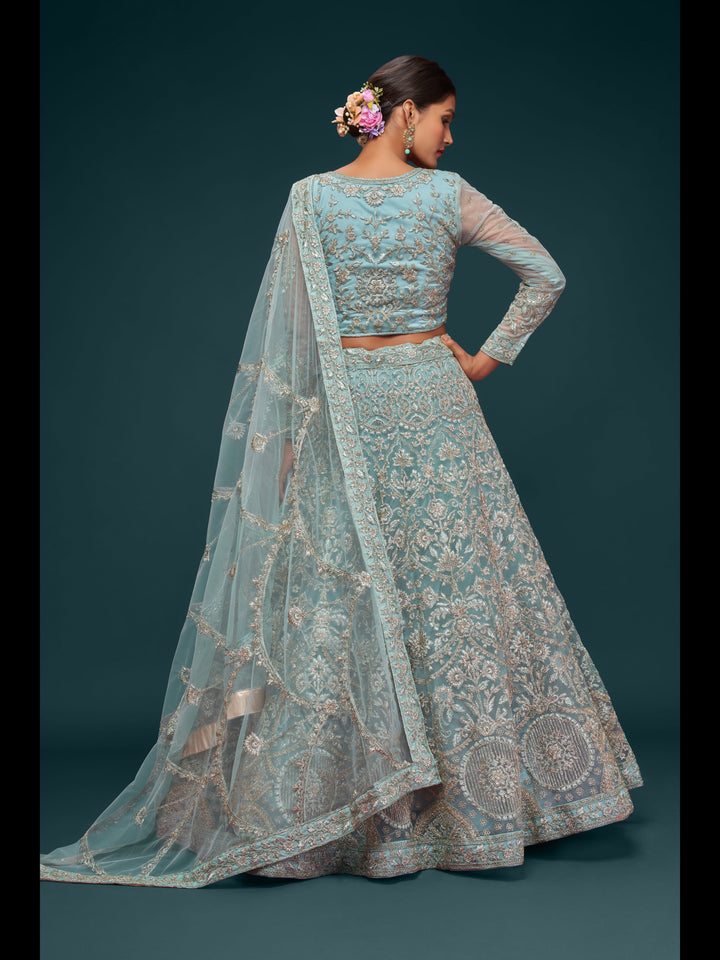 Ocean Aqua color Soft Net Thread and Glitter Dori Embroidery Work Lehenga Choli