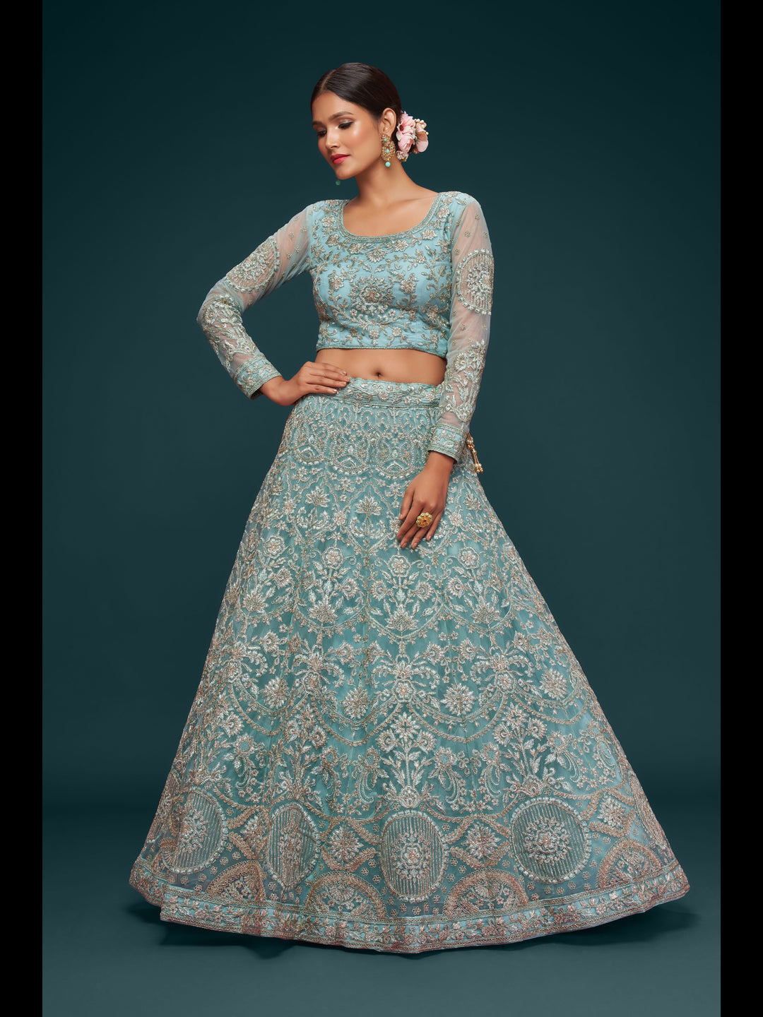 Ocean Aqua color Soft Net Thread and Glitter Dori Embroidery Work Lehenga Choli