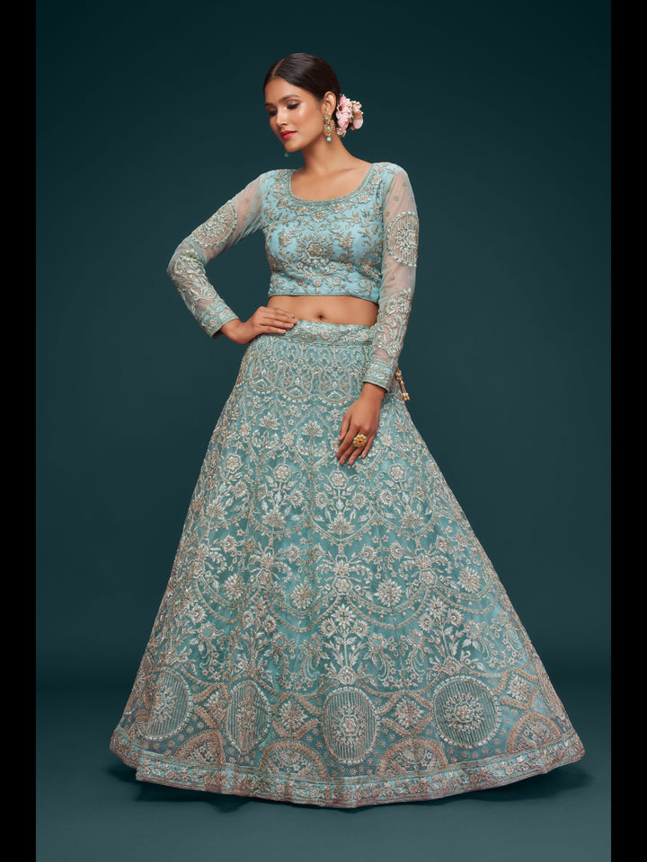 Ocean Aqua color Soft Net Thread and Glitter Dori Embroidery Work Lehenga Choli