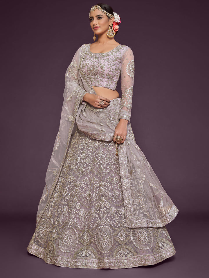 Dusky Orchid color Soft Net Thread, Badla and Glitter Dori Embroidery Work Lehenga Choli