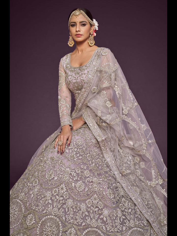 Dusky Orchid color Soft Net Thread, Badla and Glitter Dori Embroidery Work Lehenga Choli