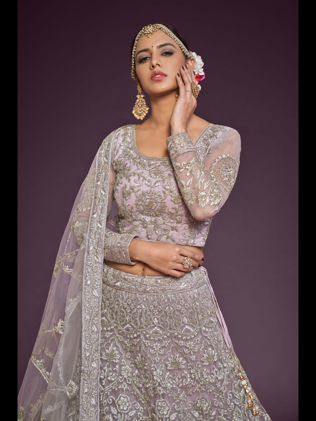 Dusky Orchid color Soft Net Thread, Badla and Glitter Dori Embroidery Work Lehenga Choli