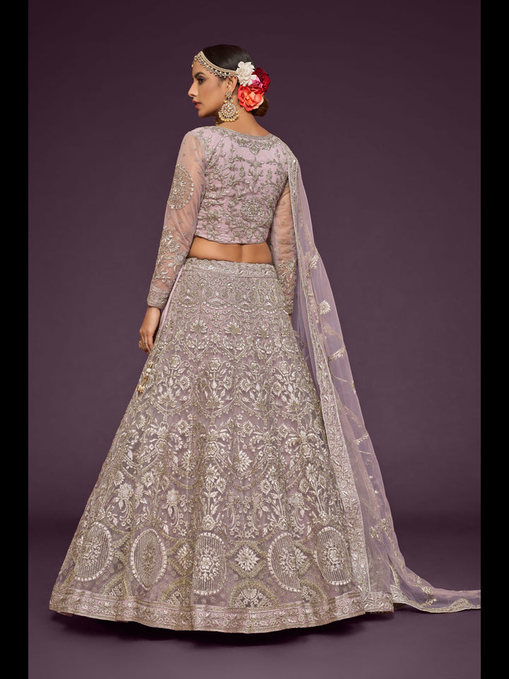 Dusky Orchid color Soft Net Thread, Badla and Glitter Dori Embroidery Work Lehenga Choli