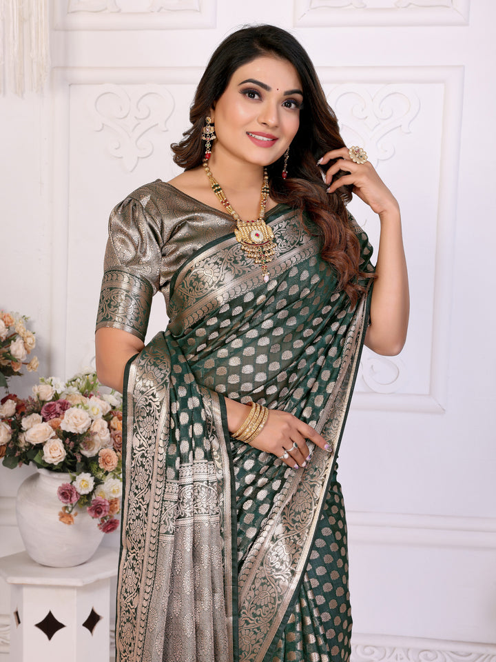 Green Aruni Soft Organza Silk Banarasi Saree With Unique Butta With Unique Colours