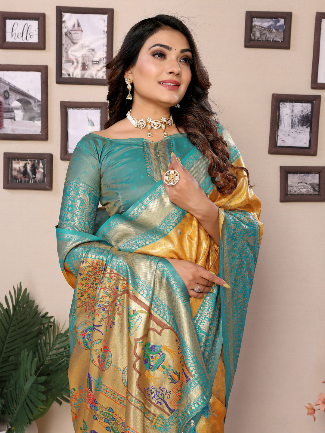 Yellow-Green Vantara Banarasi Tissue Silk Saree With Contrast Paithani Woven Borders & Pallu