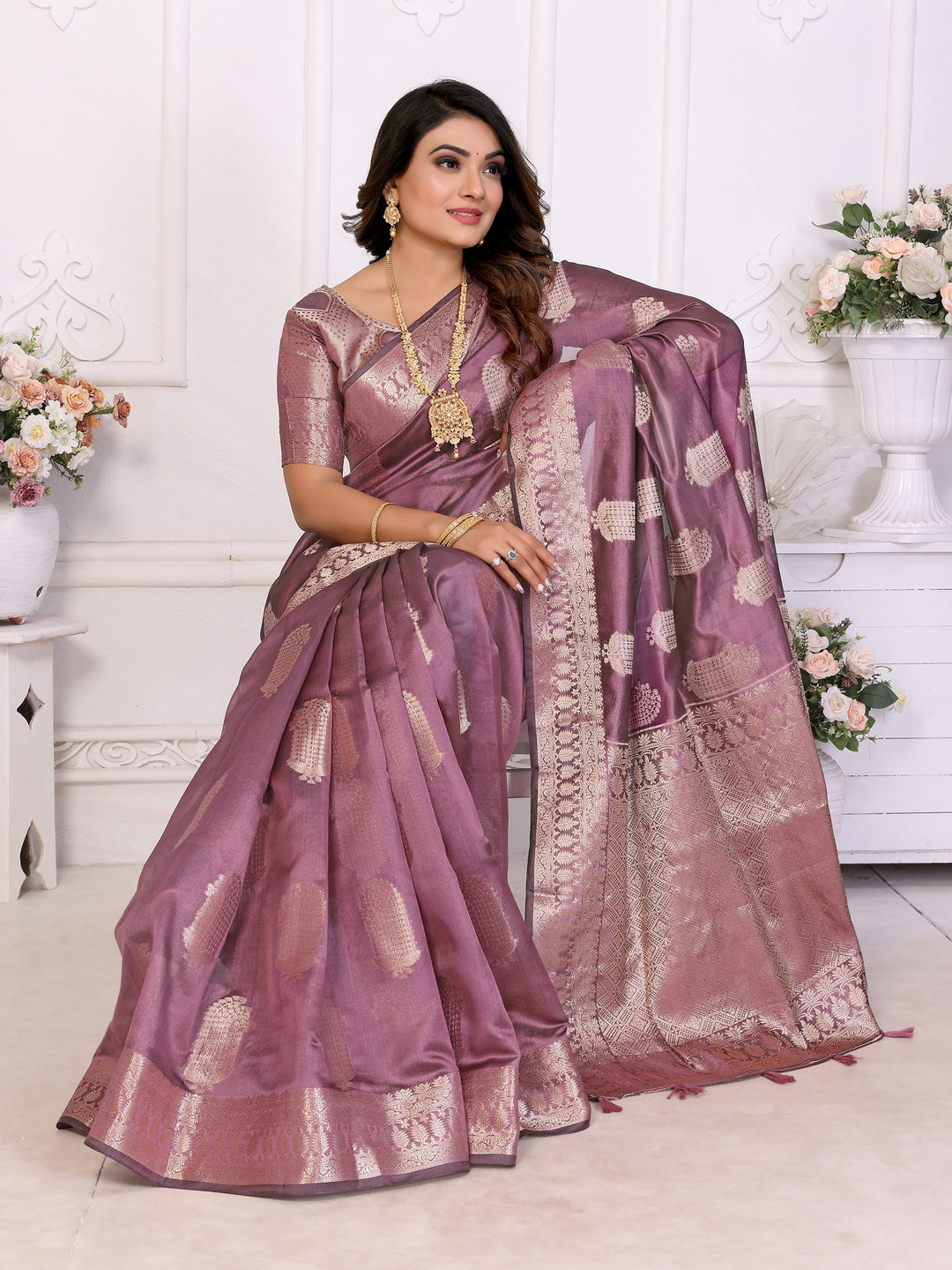 Brown Vanshika Soft Organza Silk Banarasi Saree With Unique Butta With Unique Colours