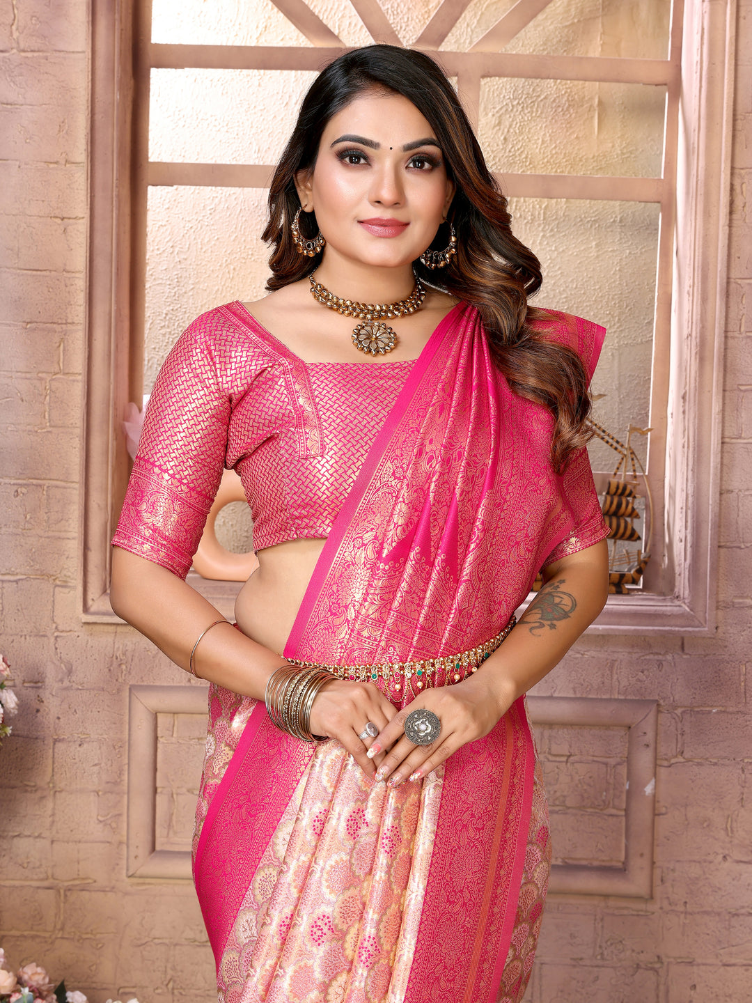 Cream-Pink Chaturi-1 Banarasi Chaturi silk saree Jari weaving Border and Weaving rich pallu