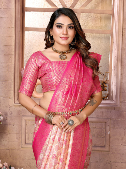 Cream-Pink Chaturi-1 Banarasi Chaturi silk saree Jari weaving Border and Weaving rich pallu
