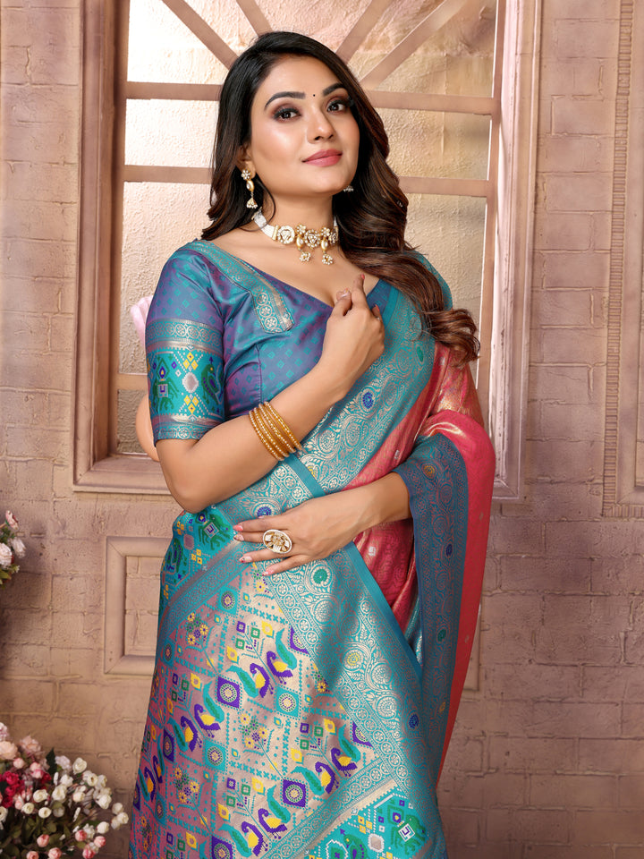 Pink Vimala Banarasi Silk Saree With Contrast Paithani Woven Borders & Pallu