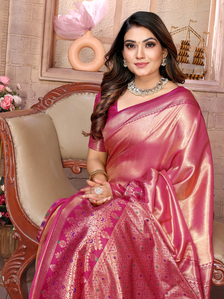 Pink Sundari Banarasi Tissue Silk Saree With Contrast Banarasi Woven Borders & Pallu