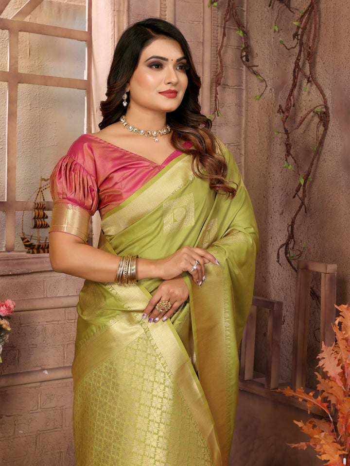 Green Sameera Lichi soft Silk sarees & woven Butta concept With woven Zari borders both sides