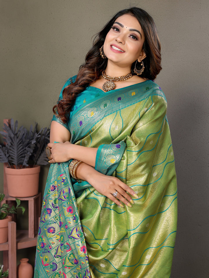 Green Vasant Banarasi Tissue Silk Saree With Laheriya Woven Borders & Contrast Banarasi Pallu