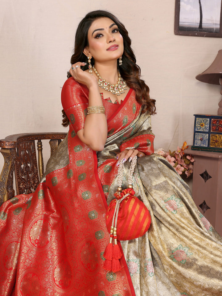 Gray Saroj Banarasi Silk Saree With Contrast Paithani Woven Borders & Pallu