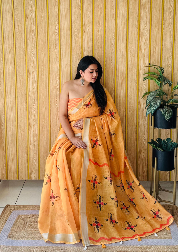Orange Muskan Soft Linen Cotton Digital Print Sarees With Batik Print With Silver Border