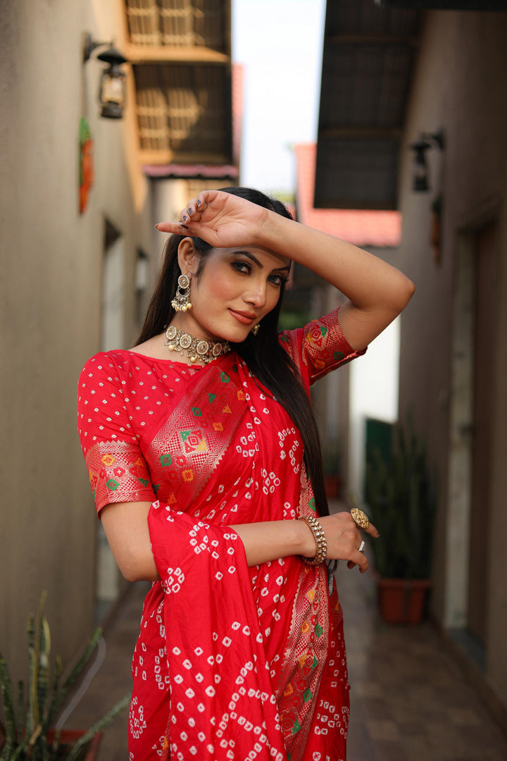 Red Mayraa Pure Bandhej Silk Saree With Patola Border Zari Weaving Paithani And Paithani Rich Pallu