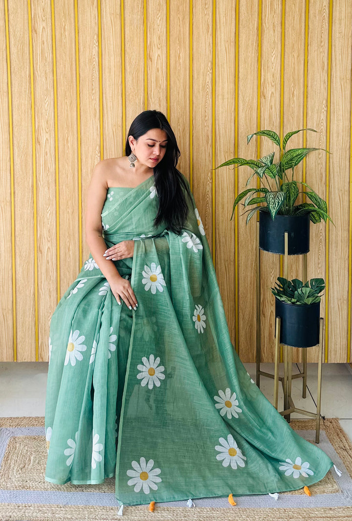 Green Champa-1 Soft Linen Cotton Digital Print Sarees With Flower Print & Printed Pallu